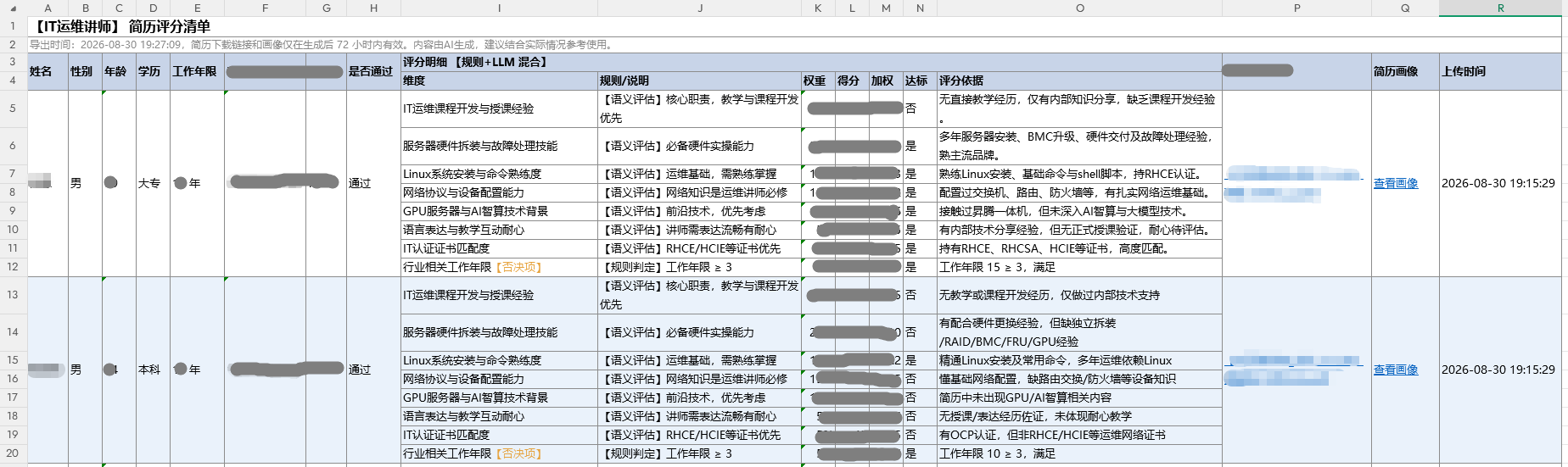 智启汇 Excel 评分清单导出截图
